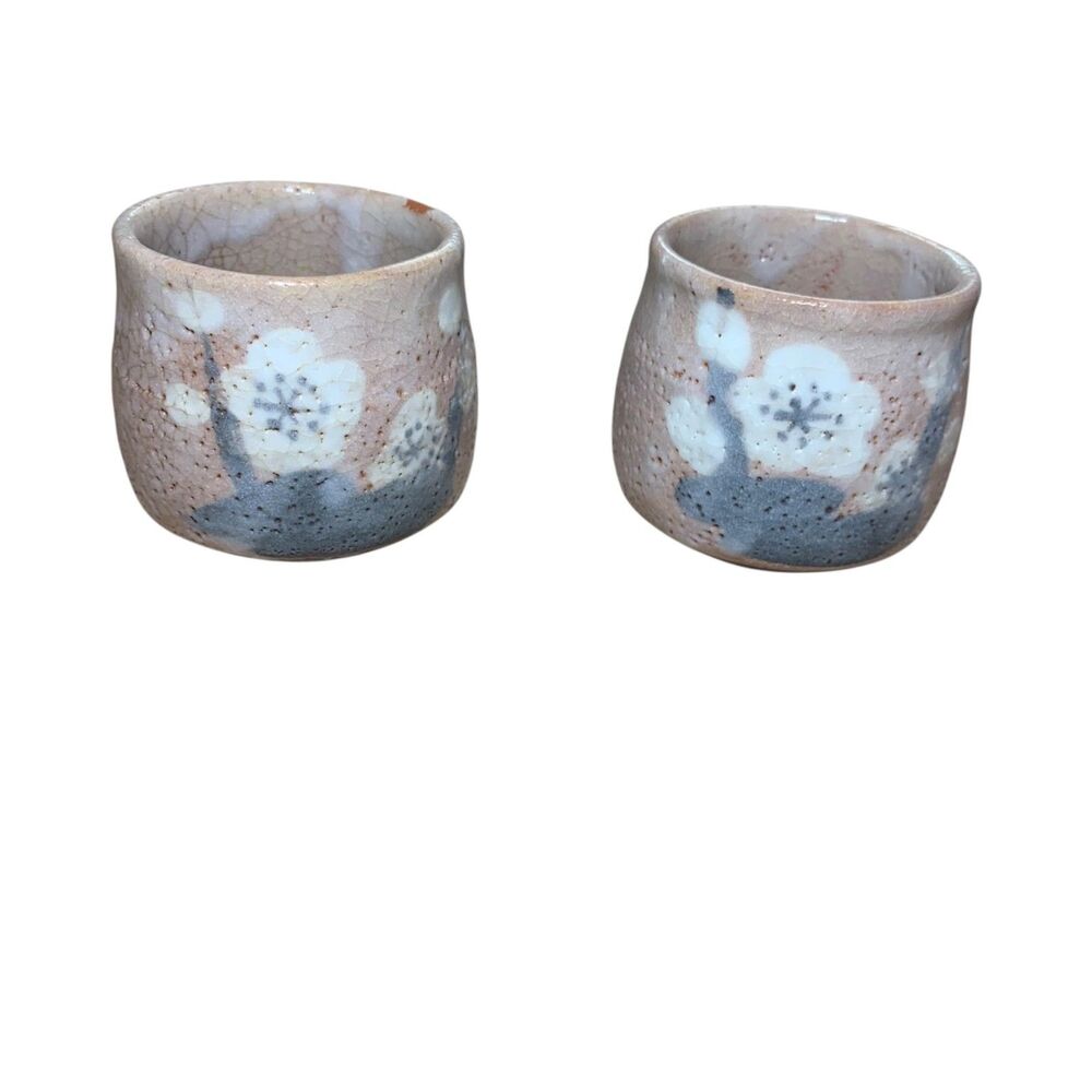 Japanese Shino Yunomi Tea Cups Pink Plum Blossom Flower Design Vintage Set of 2